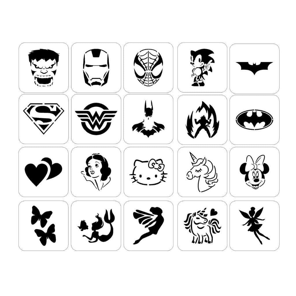 Kit de 6 a 50 Moldes Stencils Super Heróis p/ Pinturas Facial Infantil