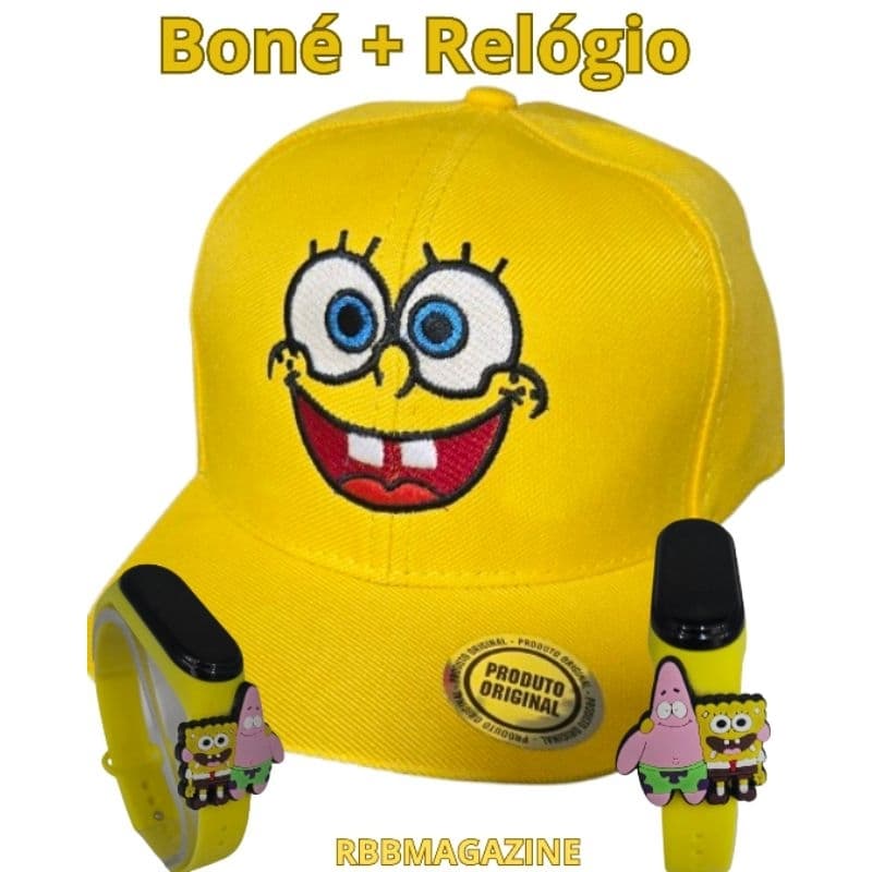 Kit Infantil Bob Esponja – Boné Bordado + Relógio à Prova d’Água com Aplique Emborrachado