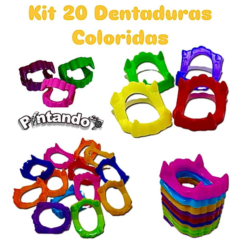 Kit 20 Dentaduras Coloridas Vampiro Halloween Brinquedo Lembrancinha Festa Infantil