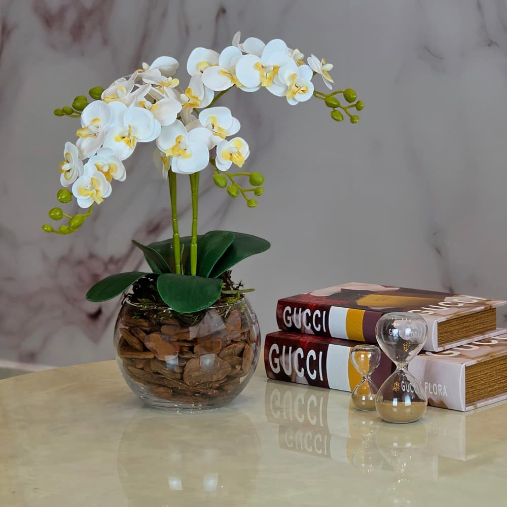 ARRANJO ORQUIDEA ARTIFICIAL 3D 4 HASTES  VASO VIDRO INCOLOR