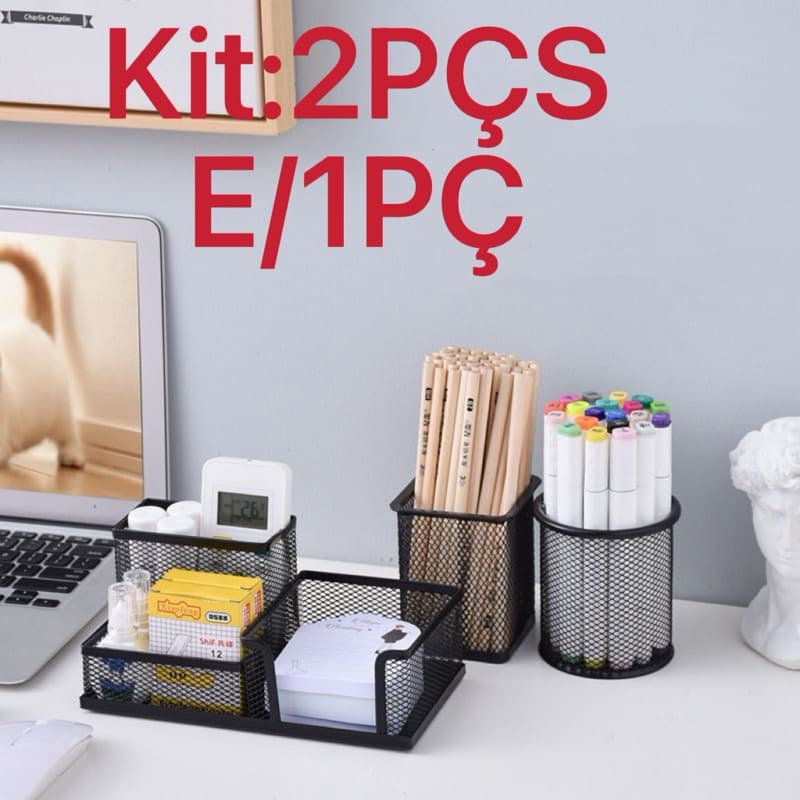 Porta Lápis + Porta Treco Organizador de Mesa de Escritório Kit caneta metal aramado