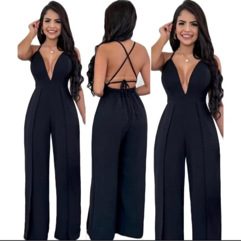 Macacão Feminina Longo Com Bojo Decote V profundo Alças Cruzadas Elegante e Sexy