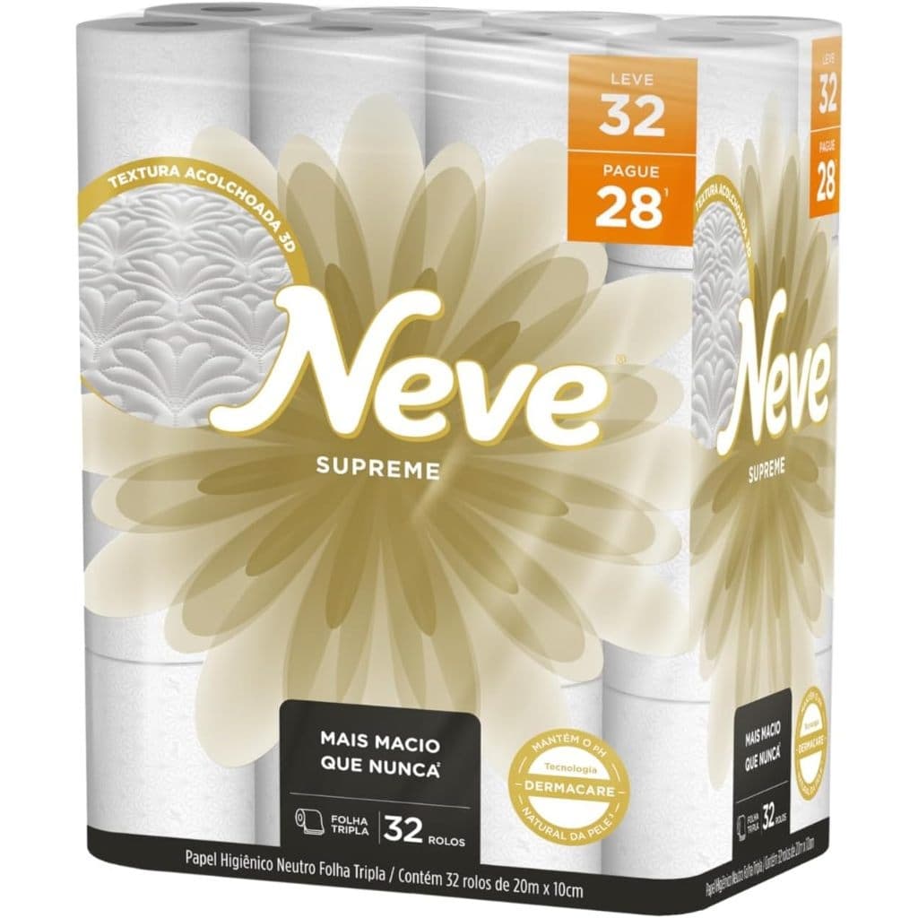 Papel Higiênico Neve Supreme Folha Tripla: Toque Incomparável e Economia GIGANTE! Leve 32, Pague 28.