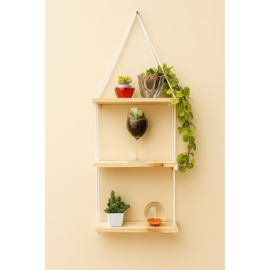 Prateleira de madeira suspensa 3 andares nicho de parede com corda rustica cordão de algodão quarto tendencia