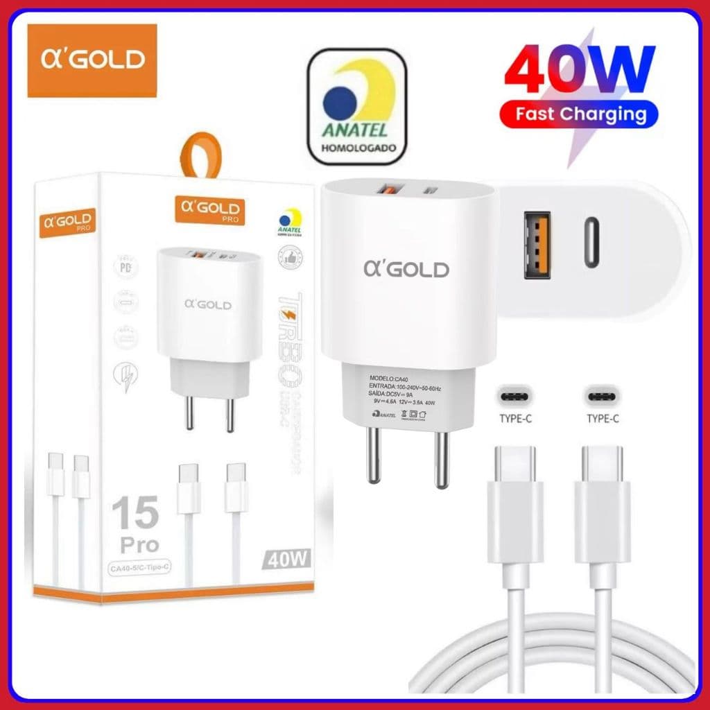 Carregador Turbo 40W com cabo Tipo C para Tipo C Fonte 2 Entrada USB e USB C carregamento rápido