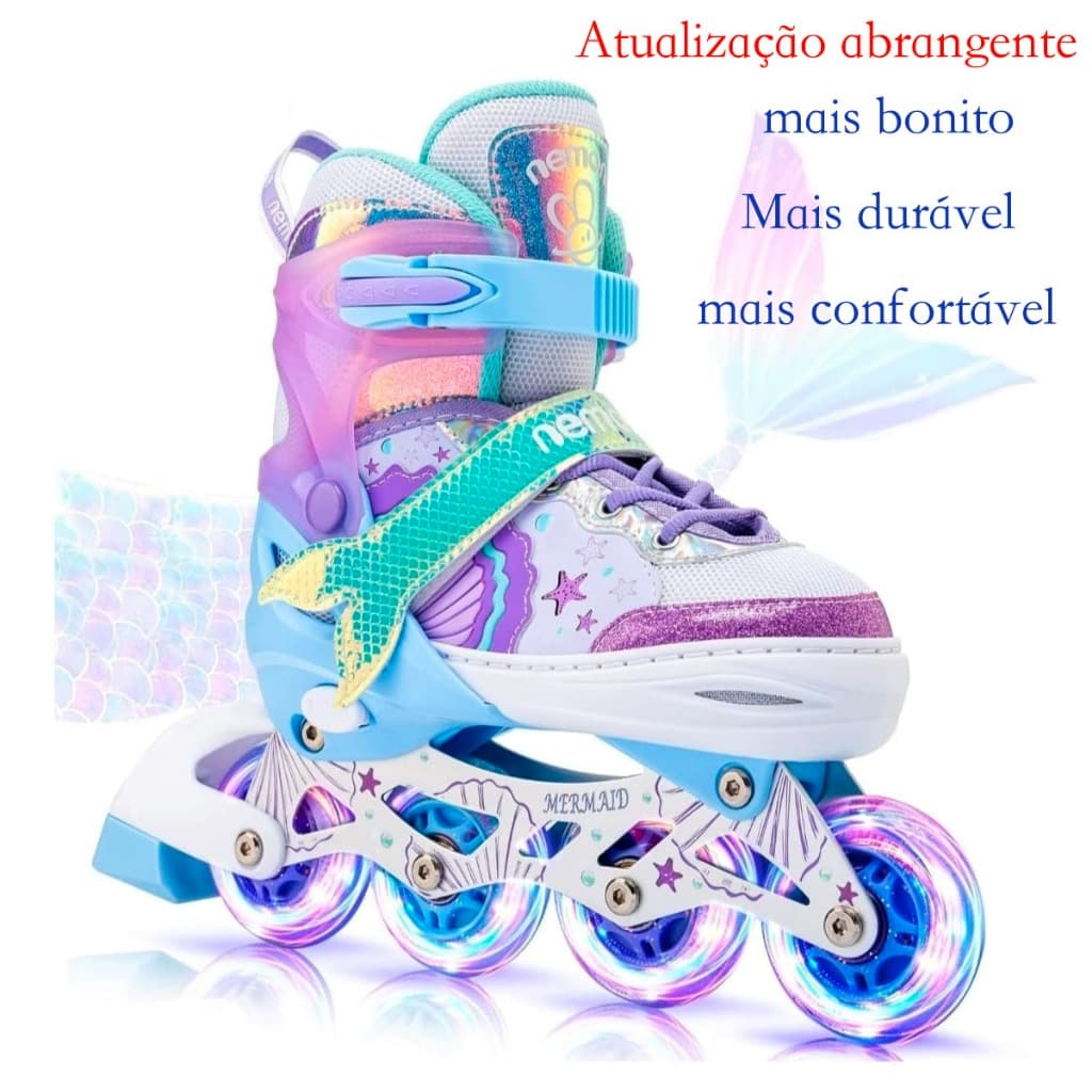 Patins Roller Inline 4 Rodas Reto Com Led Ajustavel Roxo Sereia Menina Um Freio Black Friday