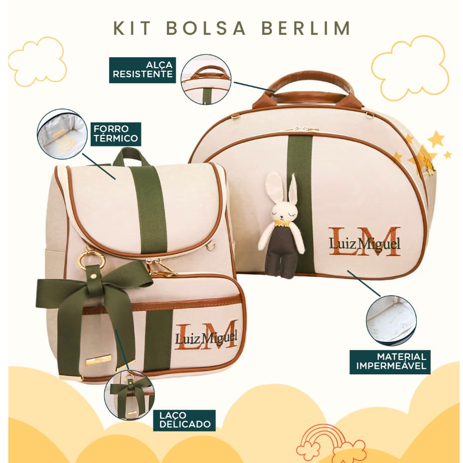 Kit Maternidade 2 Peças Bolsa e Mochila Personalizado Térmica Impermeável, Coleção Países