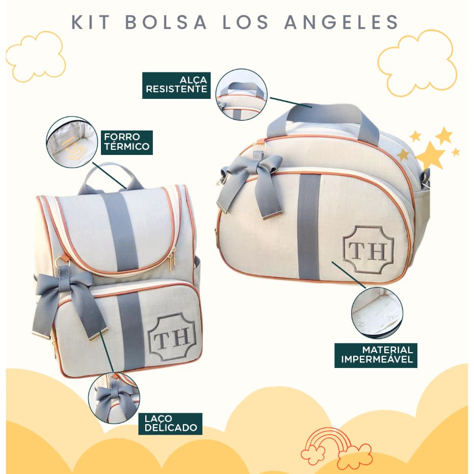 Kit Maternidade 2 Peças Bolsa e Mochila Personalizado Térmica Impermeável, Coleção Los Angeles