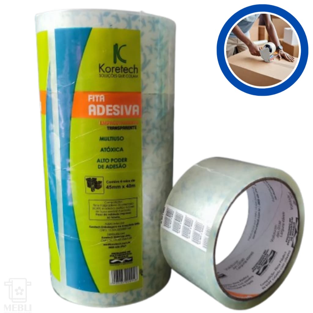 Fita Adesiva Durex Para Embalagem Empacotamento 45mm x 40m Koretech Transparente