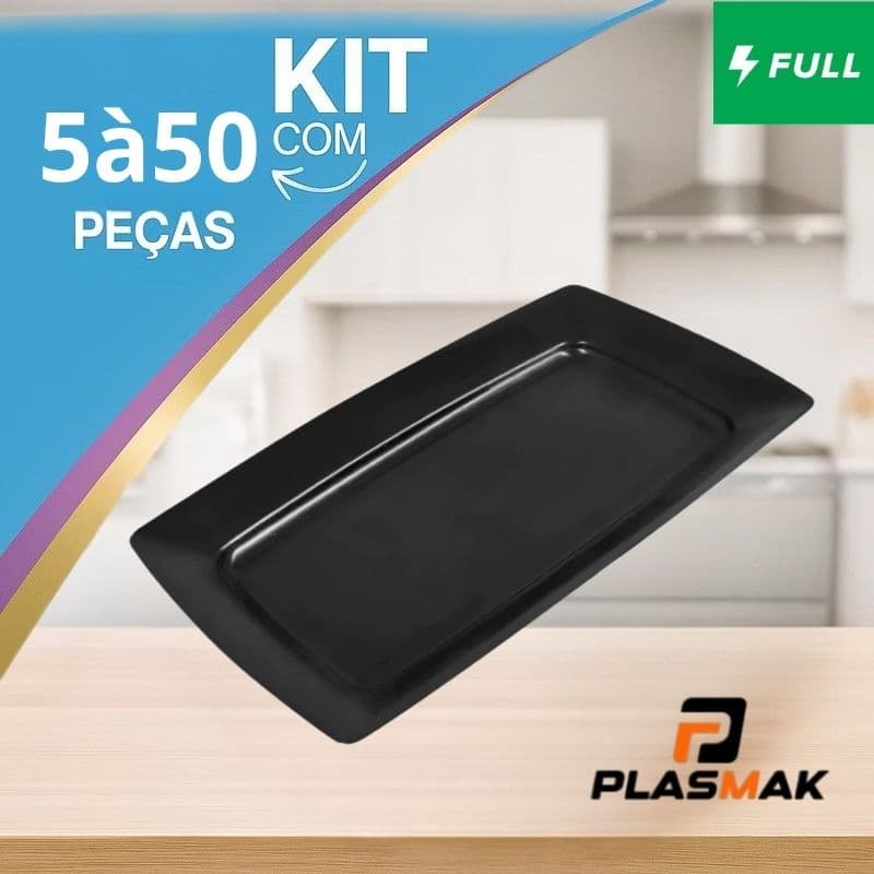 Kit 5 á 50 Bandejas Petisqueira Plástico Preto Lanches Porções Petisco Festas Lanchonete Churrasco