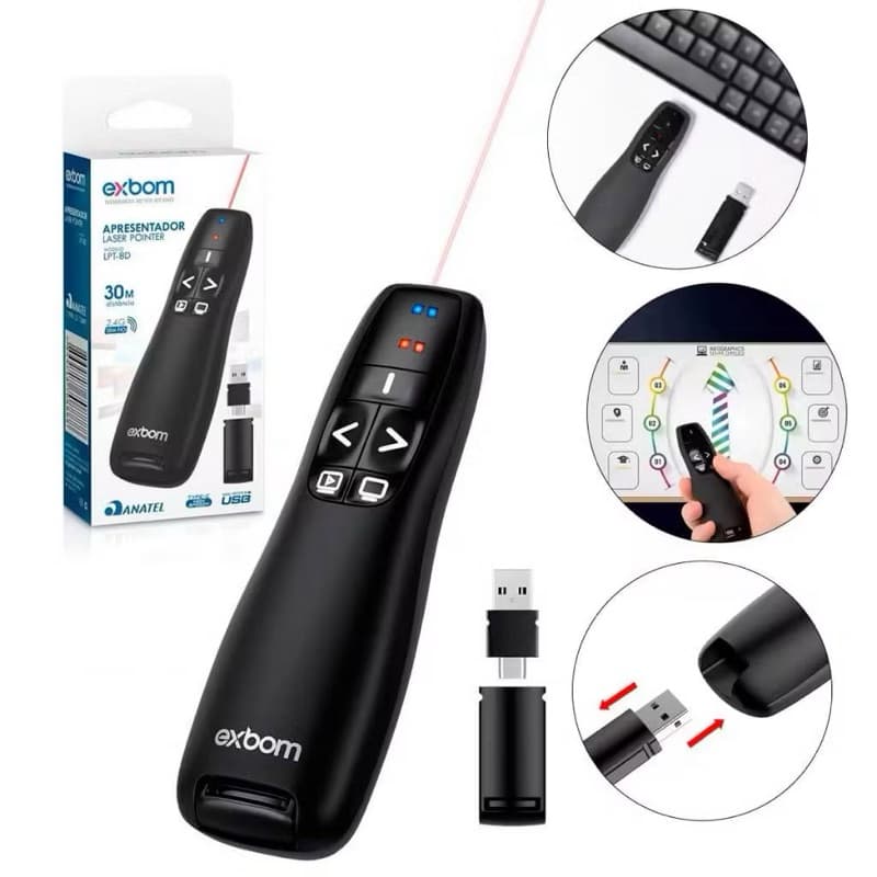 Controle de Apresentação Exbom LPT-8D com Laser e 2 Pilhas AAA Incluídas USB 2.4GHz