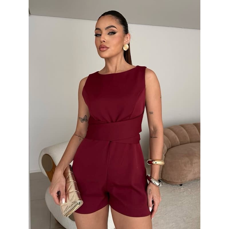 Macaquinho Curto Feminino Alfaiataria Premium Tira De Amarração Multiformas Tendência