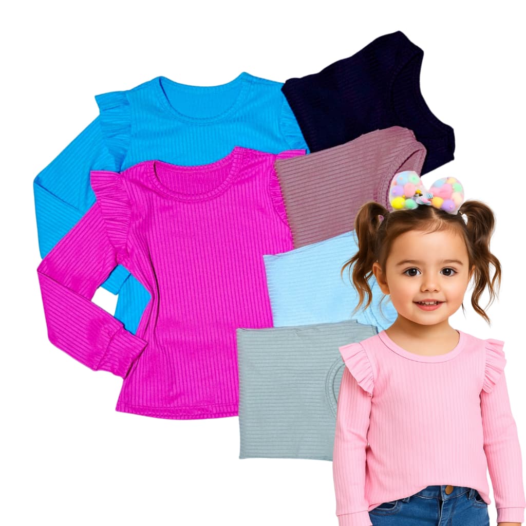 Kit 3 Blusinha manga longa infantil menina estilosa babado no ombro ENVIO CORES SORTIDAS