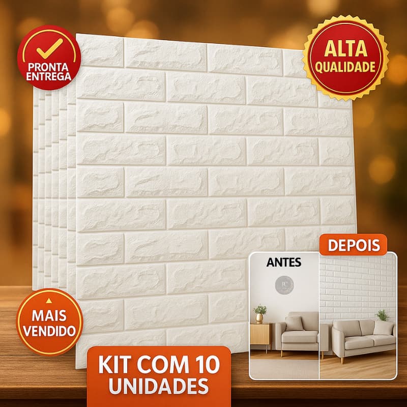 Kit 6 até 24 Placas 3D Adesivo Parede Tijolinho Branco Alto Relevo Decoração Fácil Aplicação