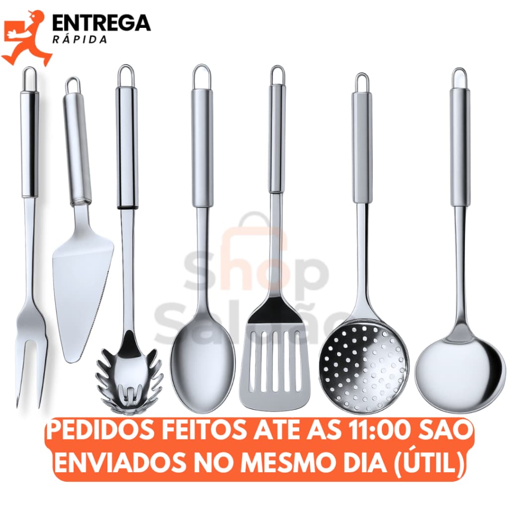 Kit 7 Utensílios para Cozinha Inox Espátula Concha Escumadeira Colher Pegador Massa Garfo Trinchante