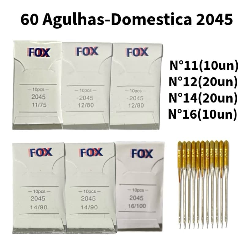 Kit 60 Agulhas Douradas 2045 para Máquina Doméstica Nº 11/12/14/16 Tamanhos Variados