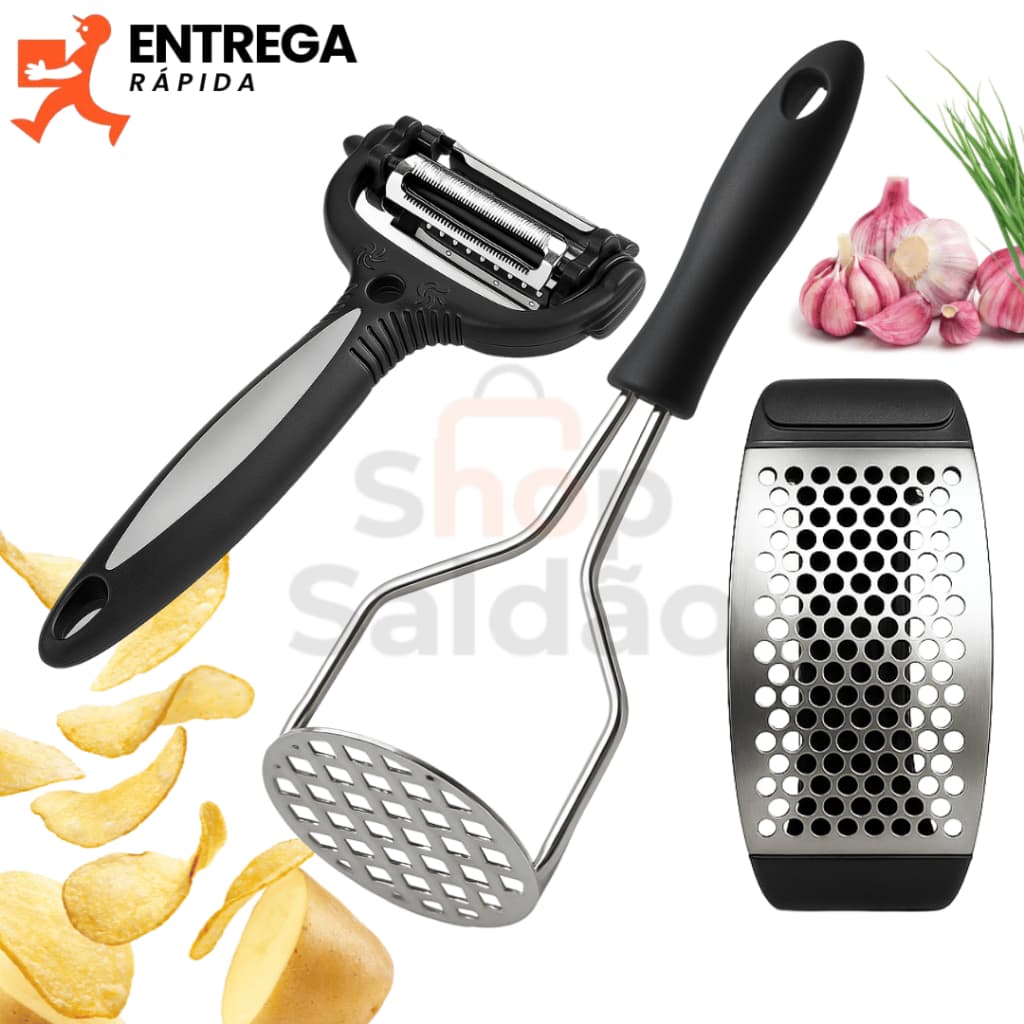 Kit 3 Utensílios para Cozinha Inox Triturador de Alho Descascador de Legumes 3/1 Amassador de Batata