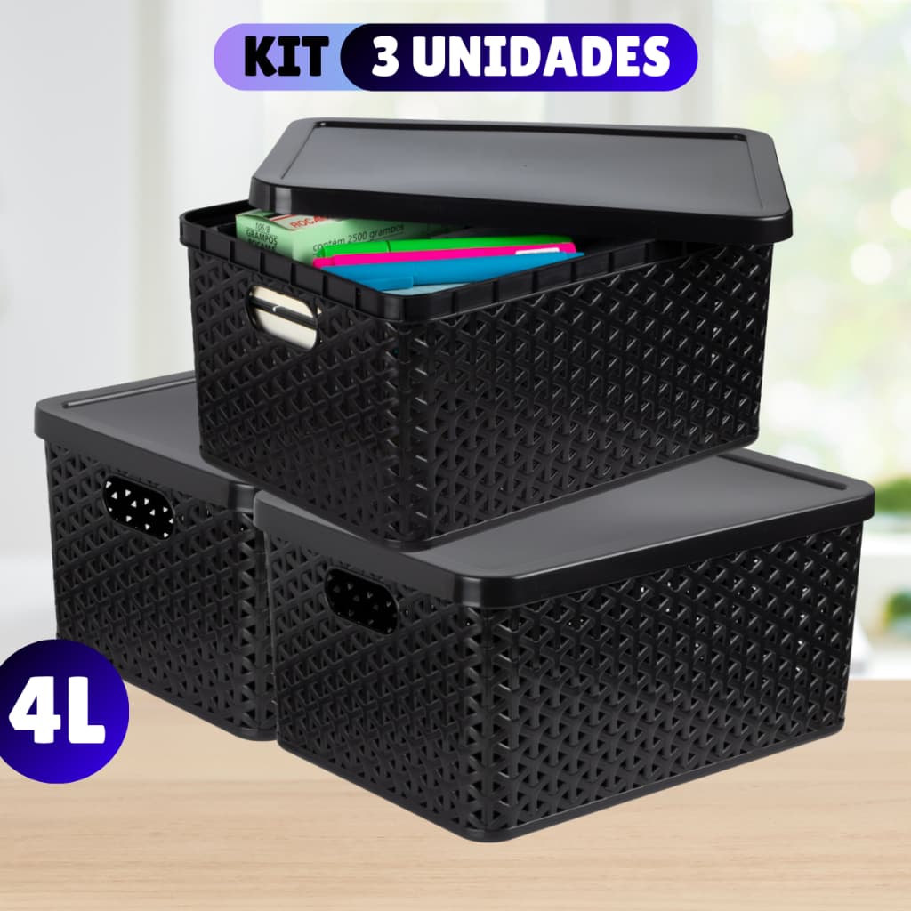 Kit Com 3 Cesto Caixa Organizadora Rattan Com Tampa 4 Litros Preto