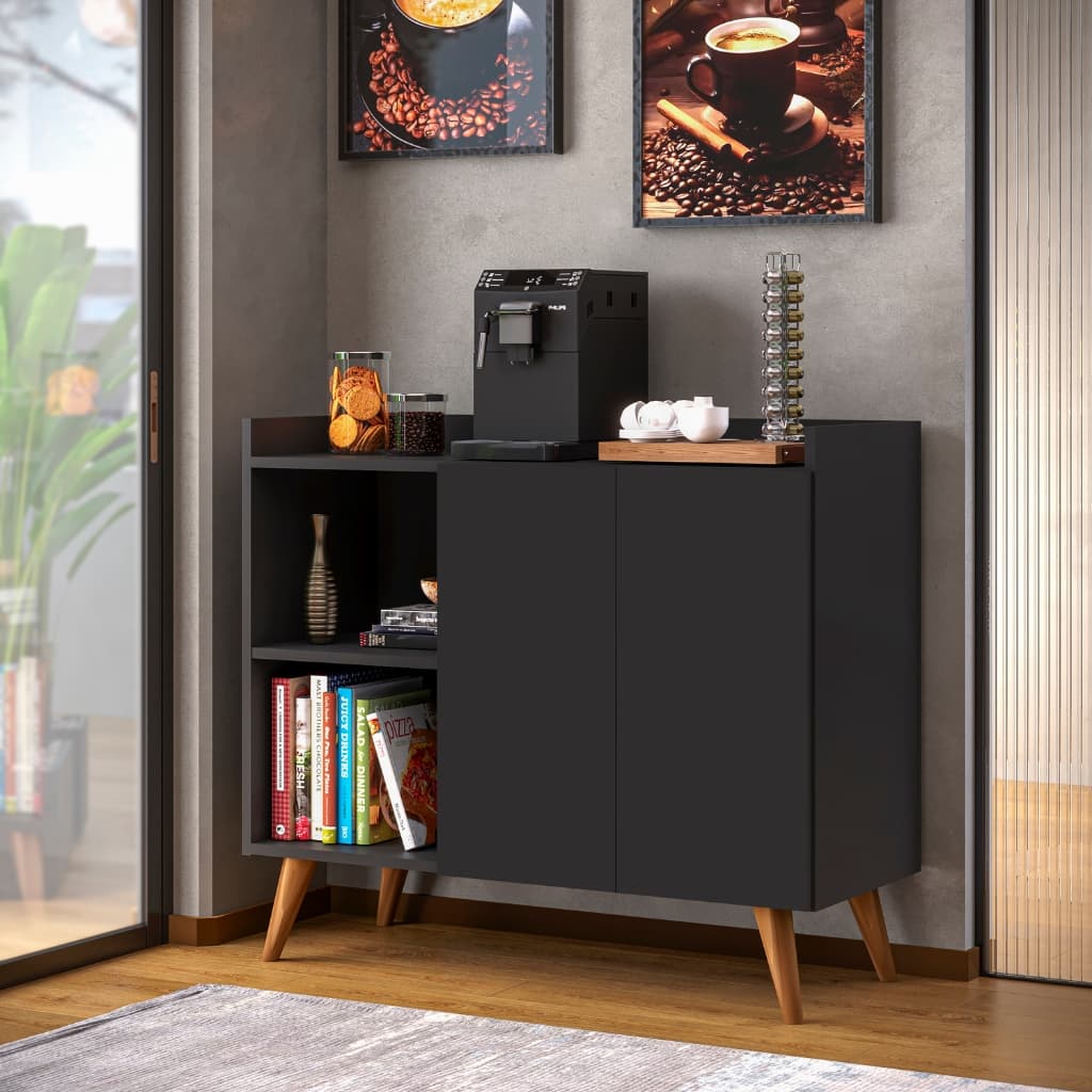 Balcão buffet aparador 2 portas para casa com pés de madeira divisórias na cor preto