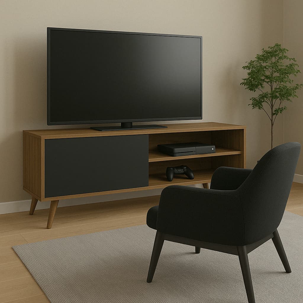 Rack aparador para sala ou cozinha com pés de madeira para tv até 43 polegadas