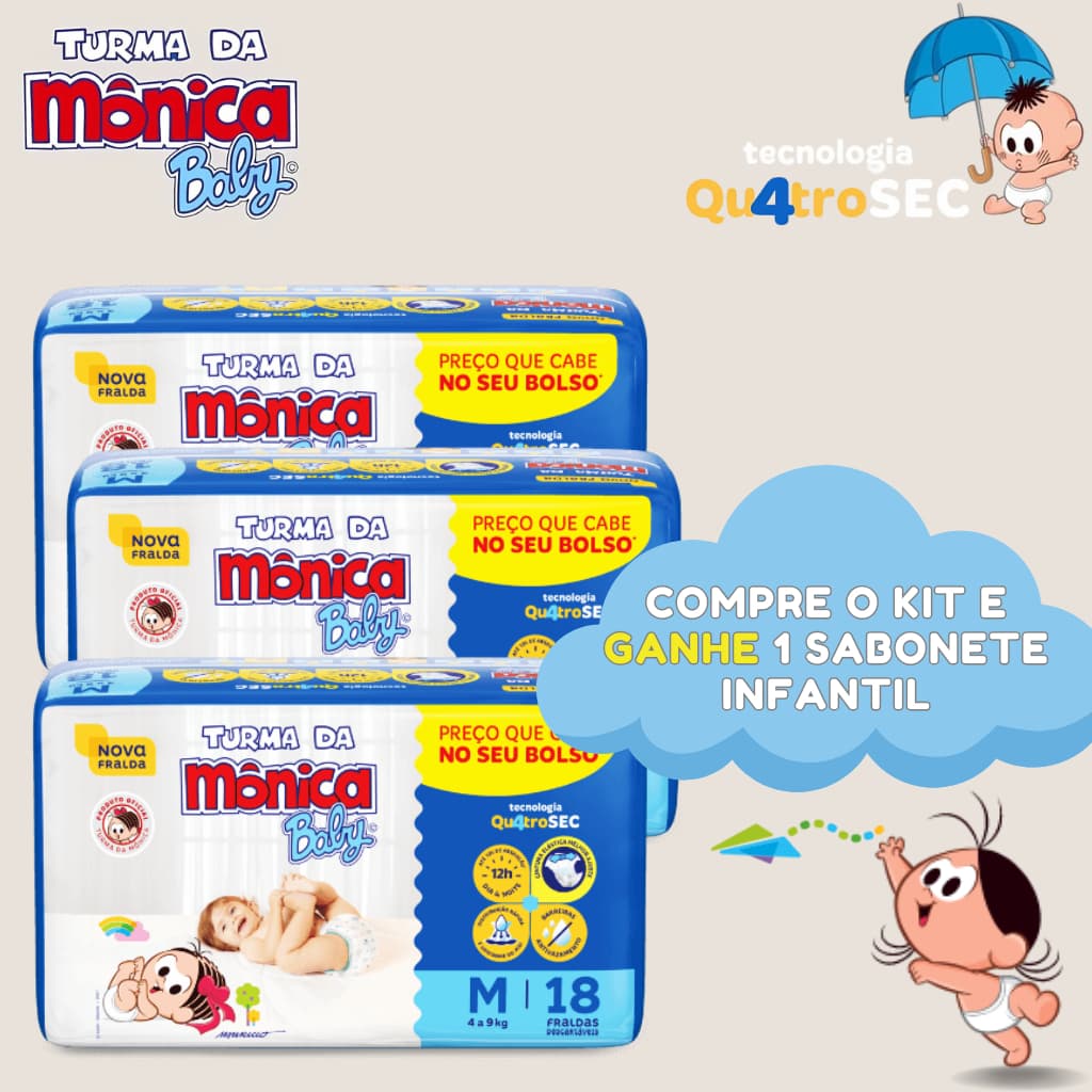 Kit 3 Pacote de Fralda Descartavel Turma da Monica + Sabonete Infantil