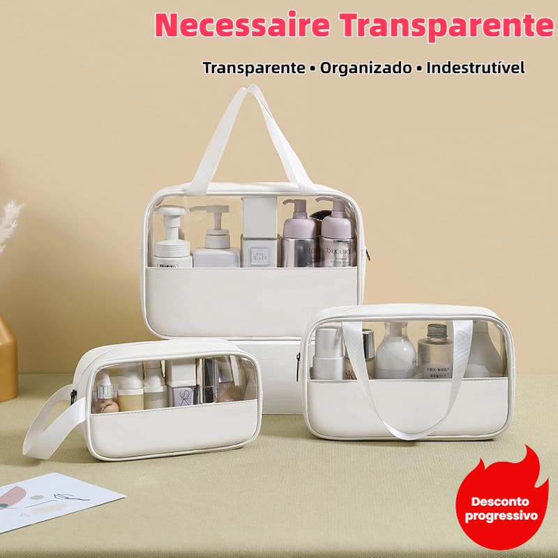 Kit 3 Necessaires Transparentes para Viagem - Organize Cosméticos e Produtos de Higiene Pessoal