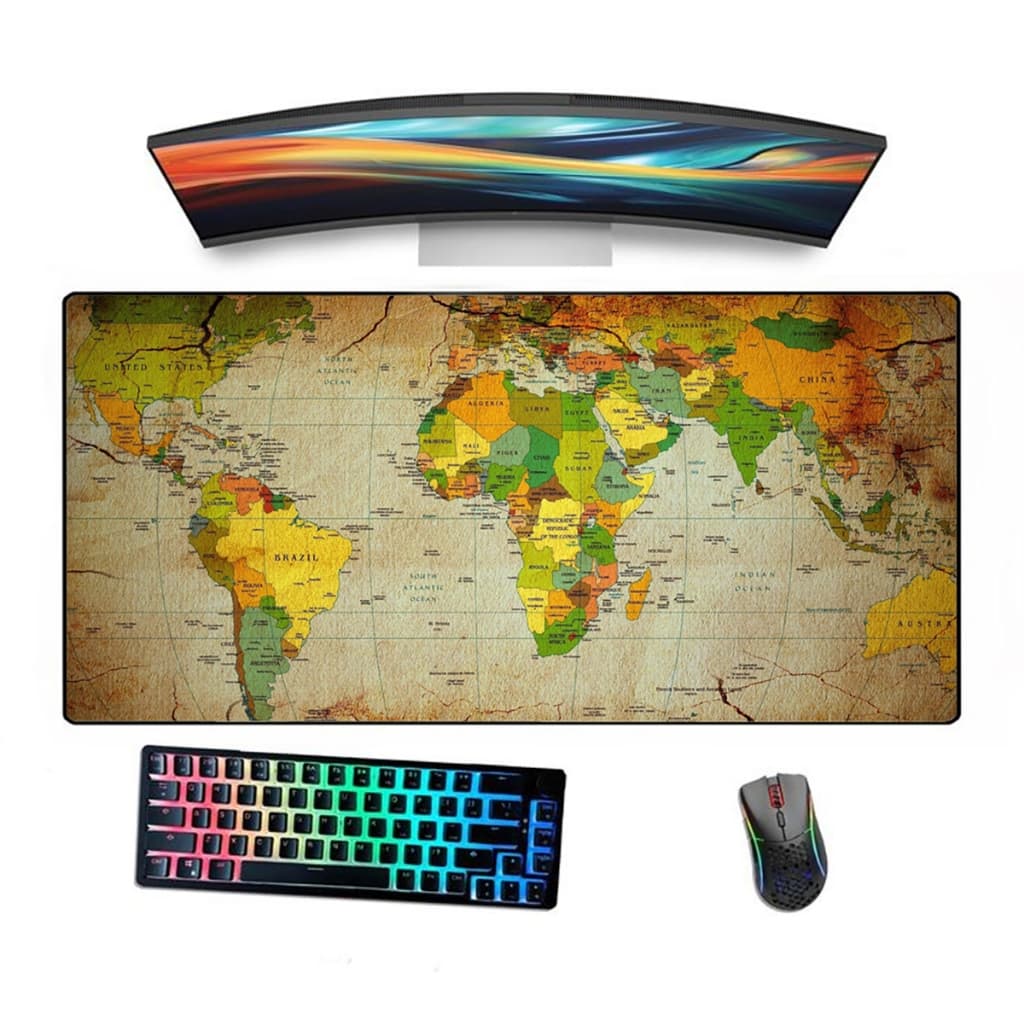 Mousepad Gamer Borda Costurada Estampado Mapa Mundi Colorido