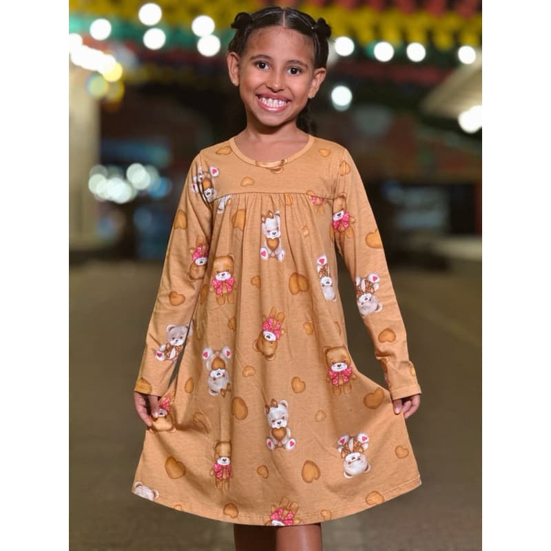 Vestido meia malha manga longa menina do urso da kyly