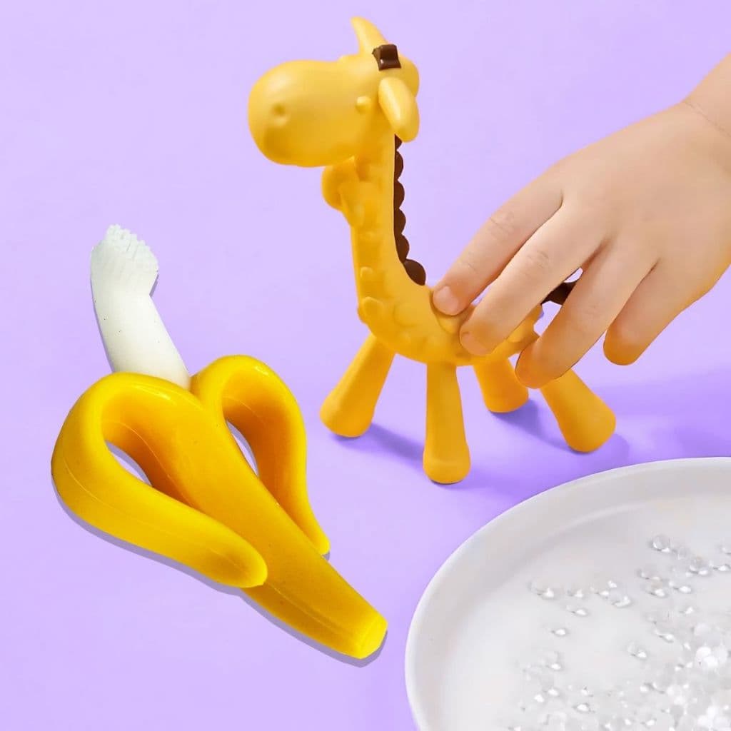  Mordedor Silicone Banana Escovinha Bebes Dentição Girafinha de Silicone Macio Baby Conjunto