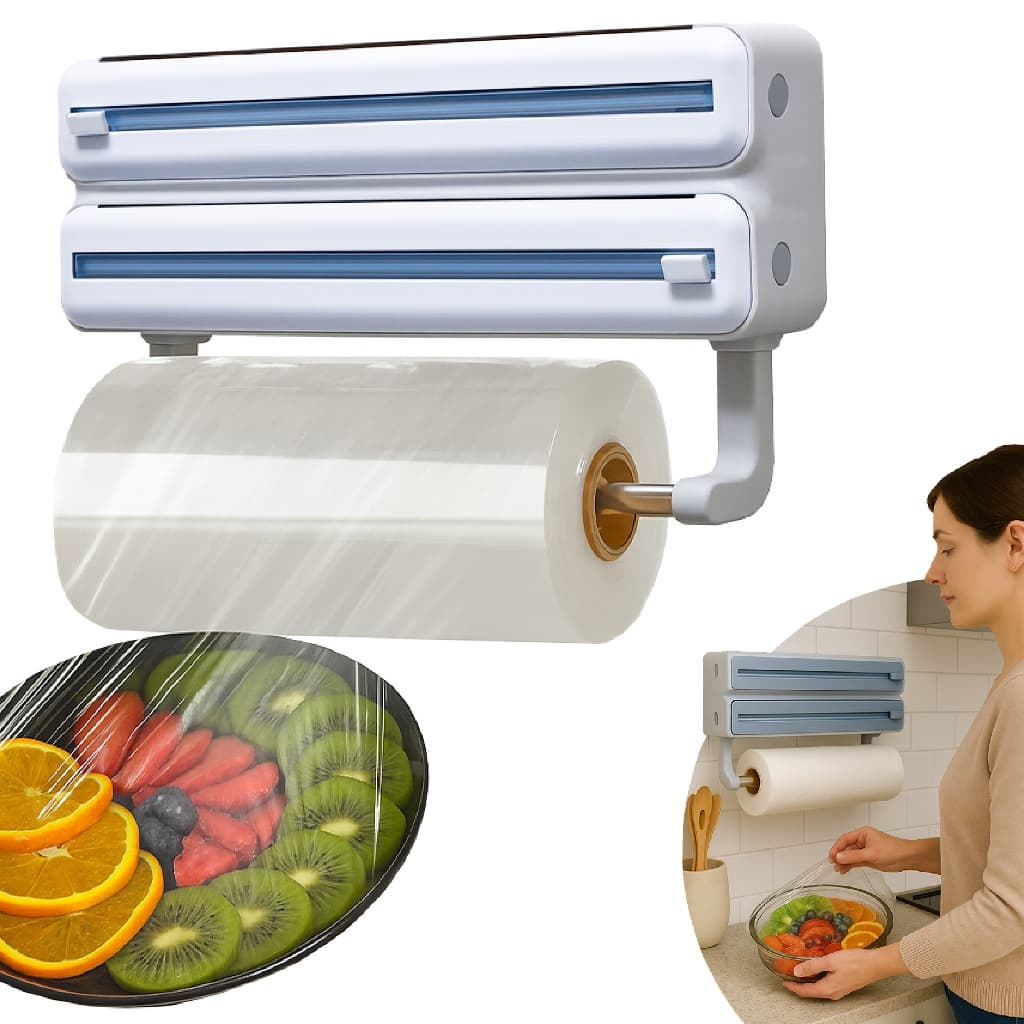 Suporte De Papel Toalha Alumínio Filme Para Cozinha 3 Em 1 Não Enrola Linha Premium