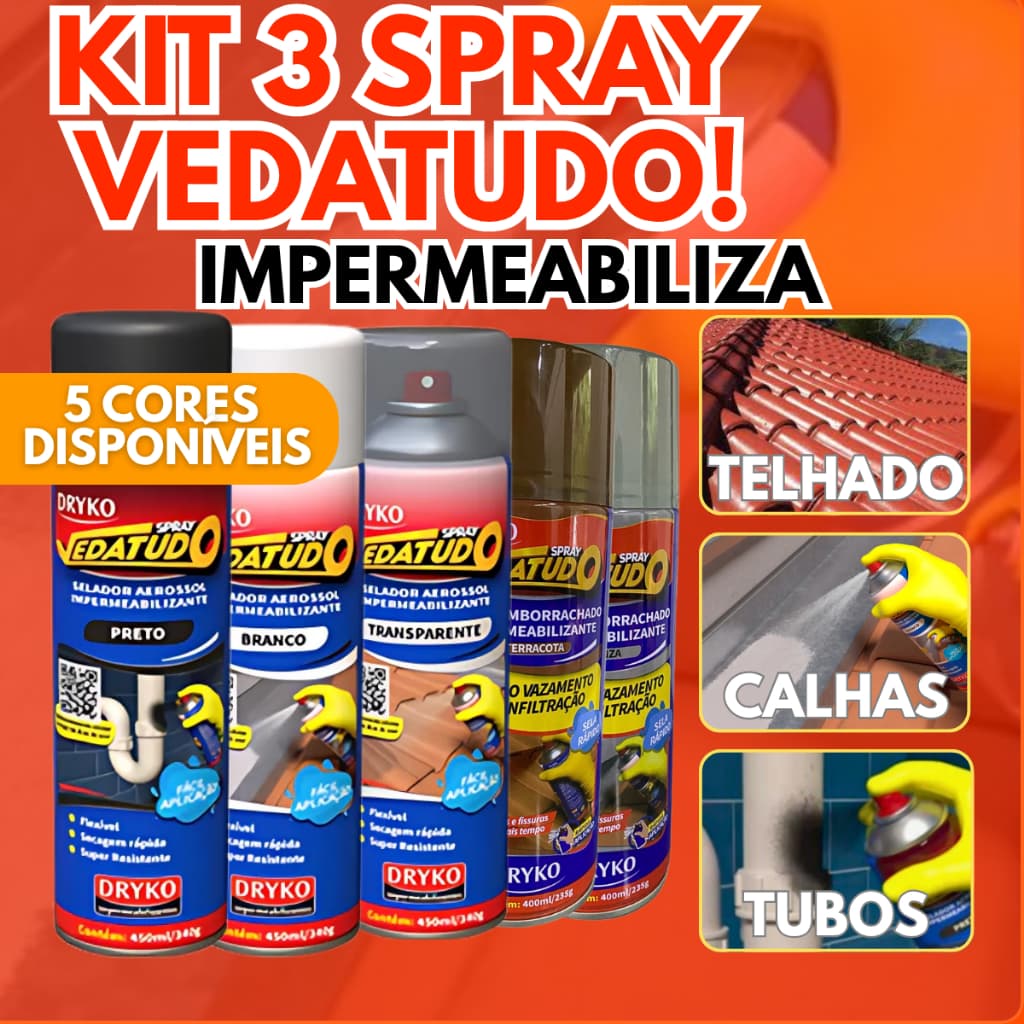 Vedatudo Spray Impermeabilizante Borracha Liquida 400ml 100ml Dryko Reparos Vazamentos Preto Branco Incolor