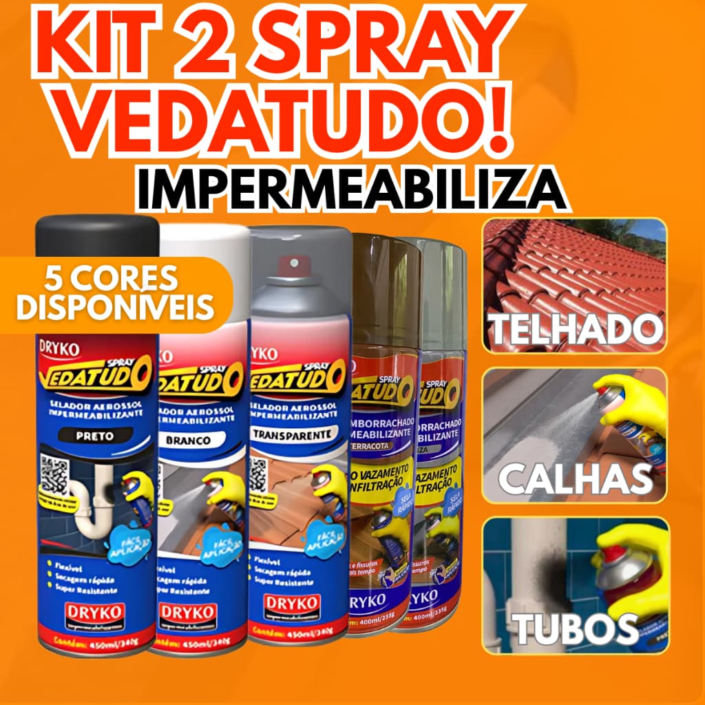 Kit 1,2 e 3 Vedatudo Spray Impermeabilizante 400ml 100ml Dryko Emborrachado Reparos Vazamentos Preto Branco Incolor