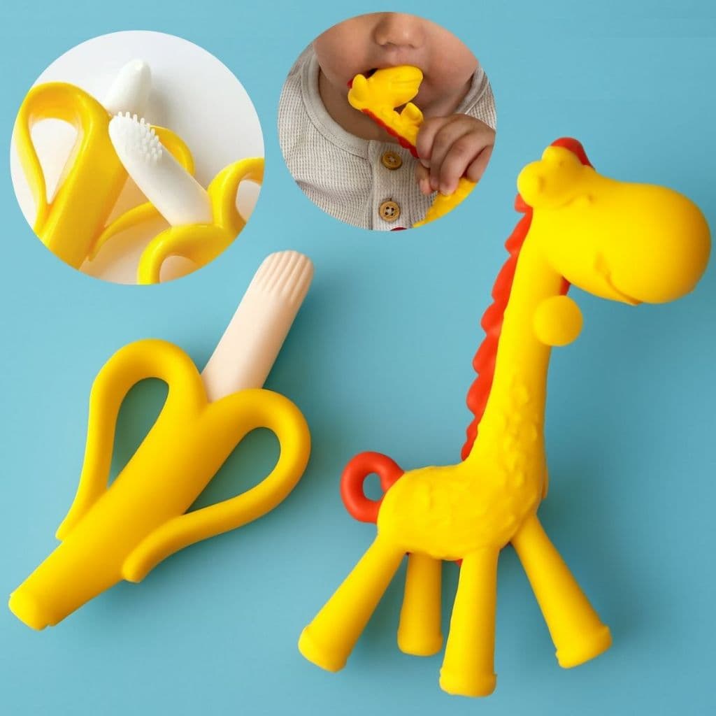  Mordedor Silicone Escovinha Dentição Banana e Girafa Brinquedos para Bebes Massageador Animais