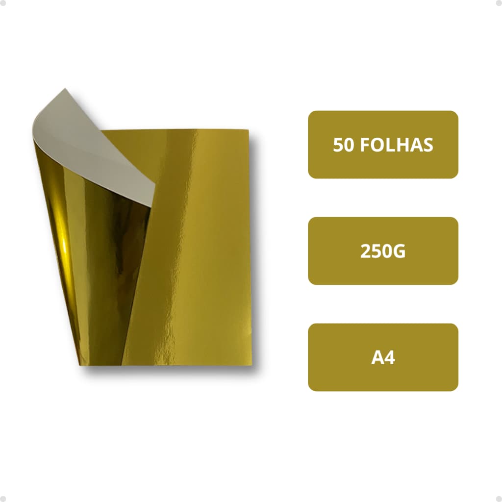 Kit Papel Laminado Dourado 250g a4 50 Folhas Papel Lamicote