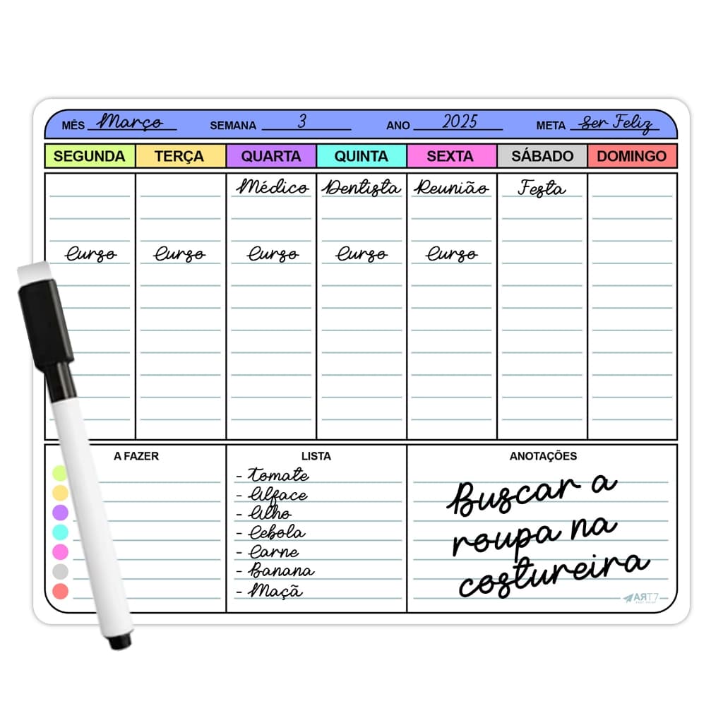 Imã de Geladeira Planner Lousa Semanal Recados Lembretes com Caneta que Apaga
