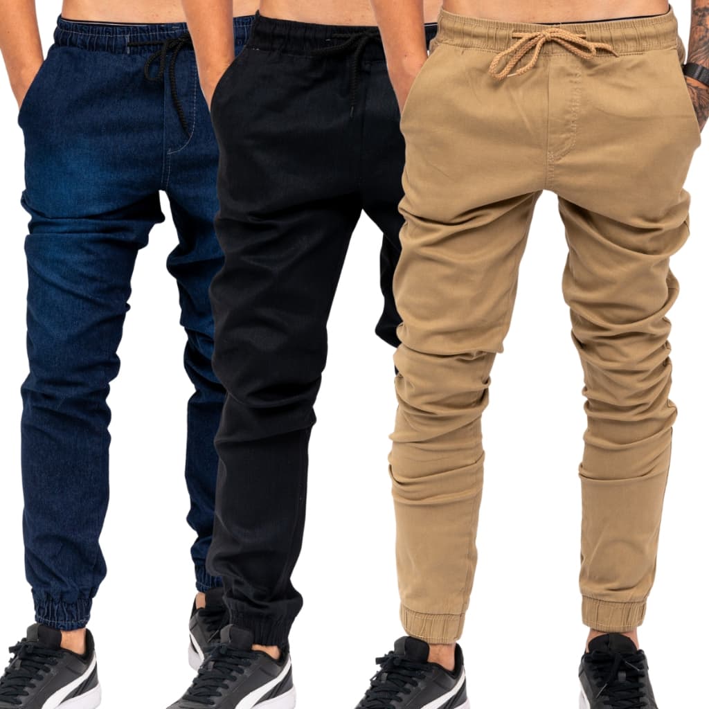 Kit 3 Calças Masculina Jeans Preta Jogger Com Punho Lycra