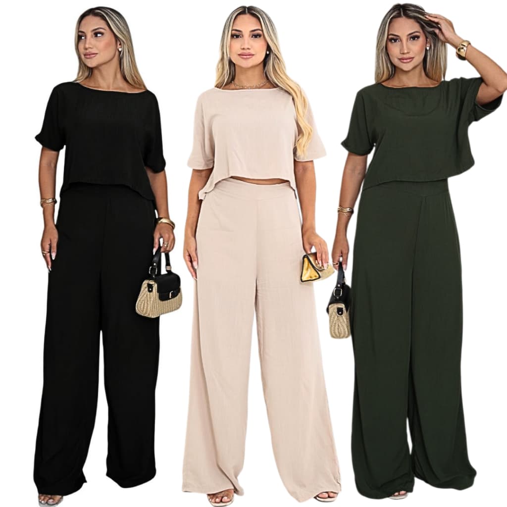 Conjunto Social Feminino Calça e Blusa Em Visco Linho Casual Festa Elegância