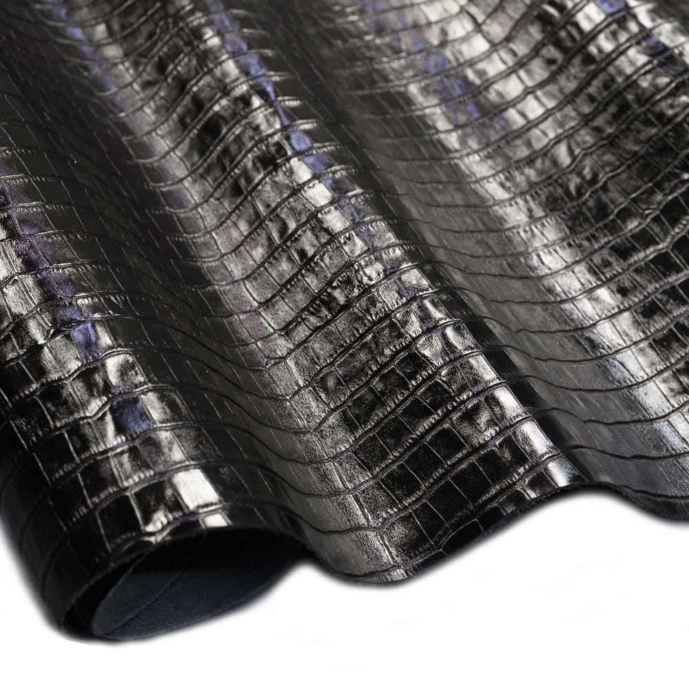 Painel de Couro Legítimo Croco 25x50cm - Retalho 10/12L - Textura Estampada Luxo - Placa Tipo Croco - Cor: Preto