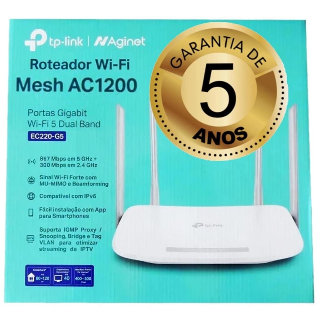 Roteador Tp-link AC1200 EC220 G5 MESH Dual Band 2,4/5GHz Portas Gigabit 1GB Ethernet 110/220V Bivolt