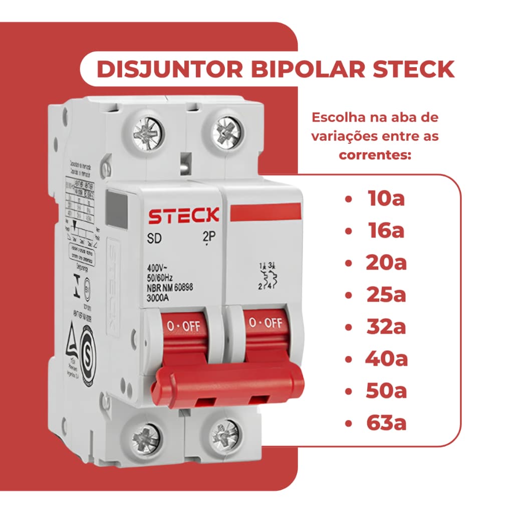 Disjuntor Bipolar 2p Bifásico Curva C Steck 10a à 63a