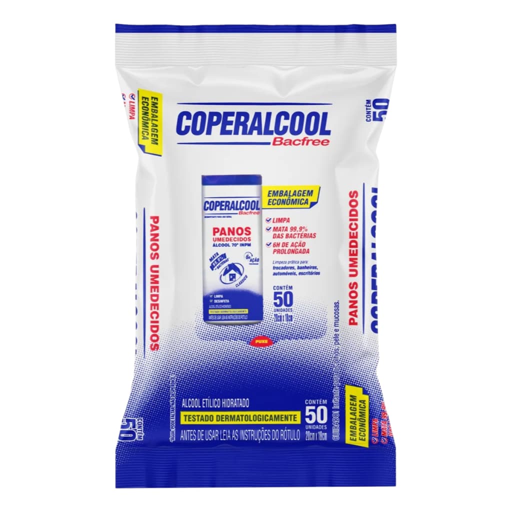 Pano Lenços Umedecido Álcool 70 Coperalcool Bacfree Pacote Com 50 Unidades