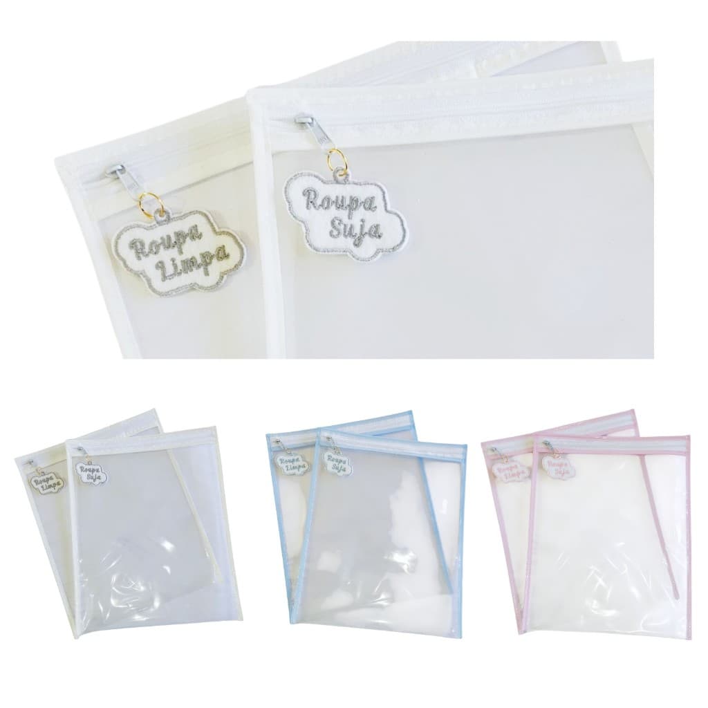 Kit 4 Saquinhos Organizadores Com Tag Bordada Roupa Limpa/Suja – Maternidade, Viagem, Creche