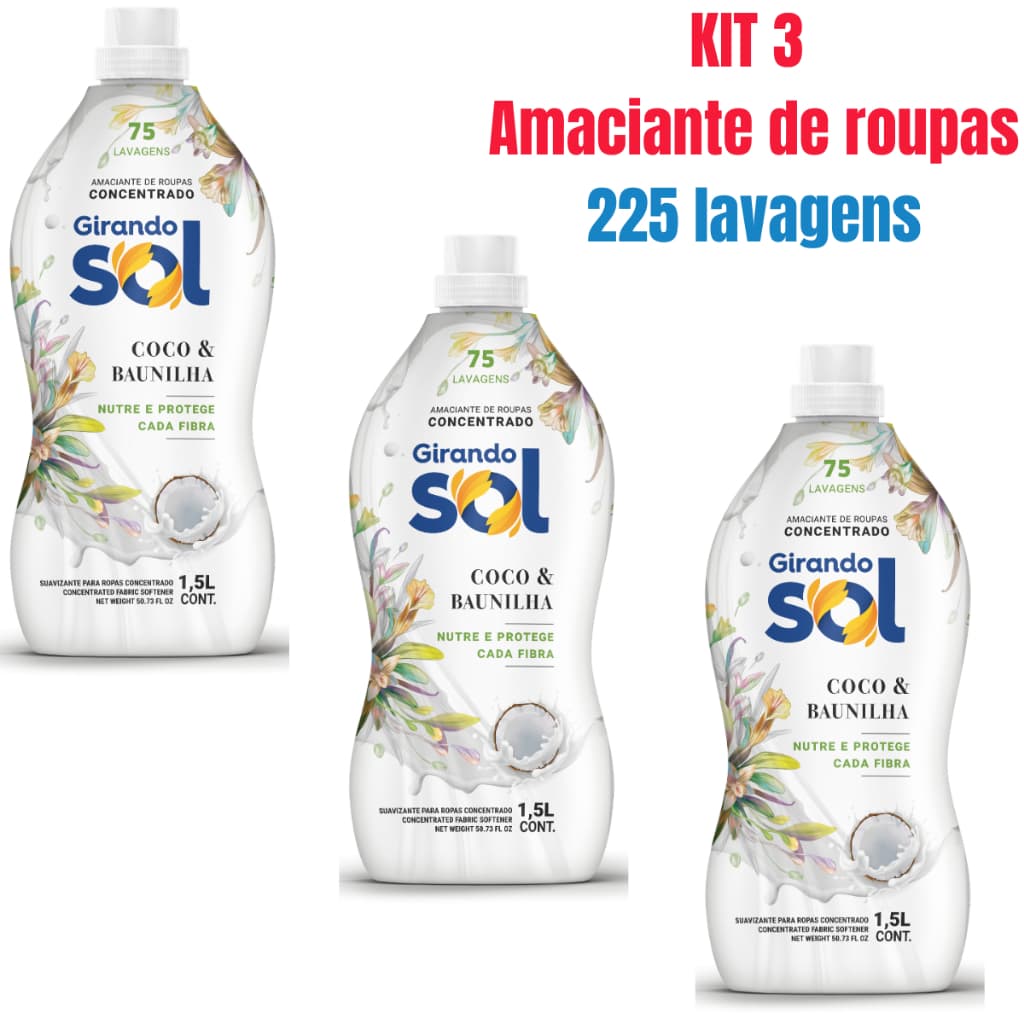 Kit 3 Amaciante Girando Sol Coco E Baunilha Concentrado 1,5L - Rende até 75 Lavagens Cada