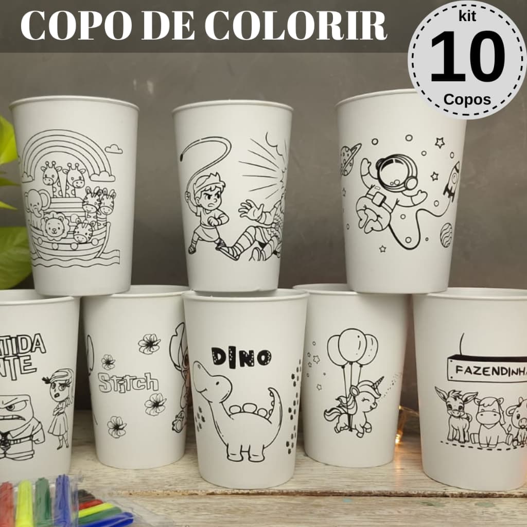 Lembrancinhas de Aniversário Infantil Copo de Colorir 10un Várias Estampas Para Crianças Educativo
