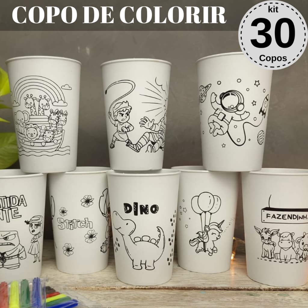 Copo de Colorir 30un Várias Estampas Copo Lembrancinha Aniversário Para Crianças Divertido Educativo