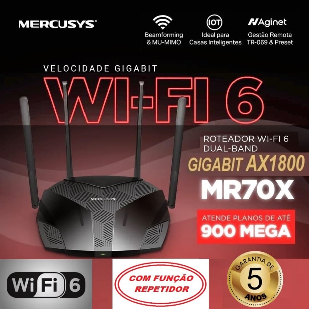 Roteador WiFi 6 Mercusys MR70X AX1800 Mesh Portas Gigabit streaming veloz alta velocidade