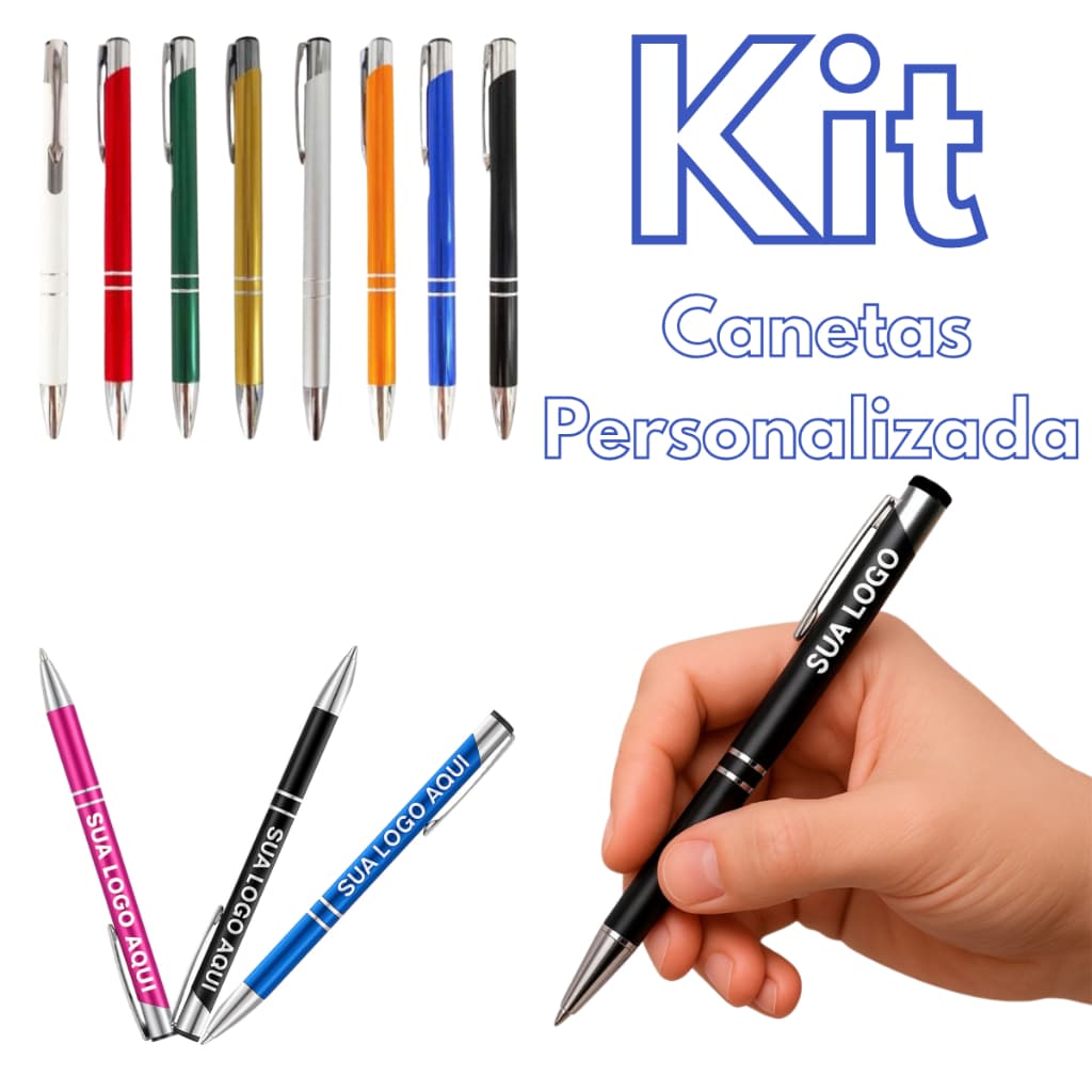 Kit Caneta Personalizada Metal  Nome Logo Frase A Laser