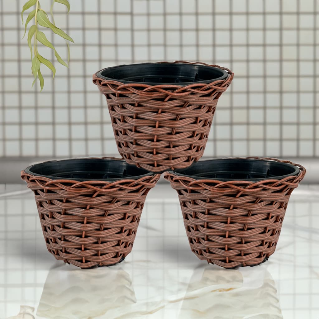 Kit 3 Vasos Cachepot Trançado Marrom Fibra Sintética Vime