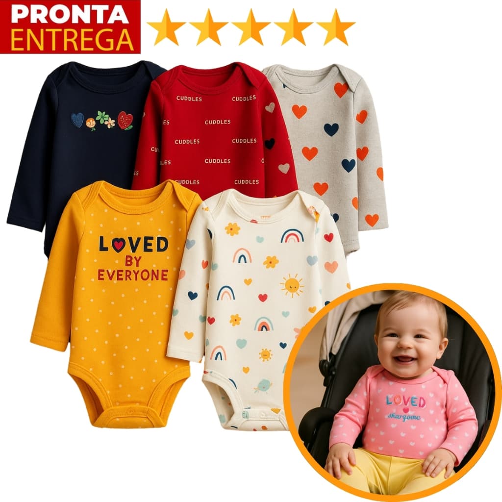 Kit 5 Peças Roupinha Enxoval de Bebê Body Manga Longa Estampado 100% Algodão