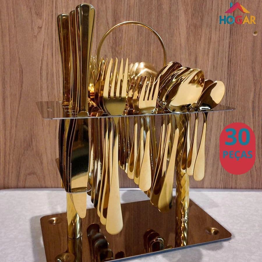 Kit de Talheres com Suporte 24pç e 30pç Faqueiro Linha Premium Super Luxo Dourado e Prata